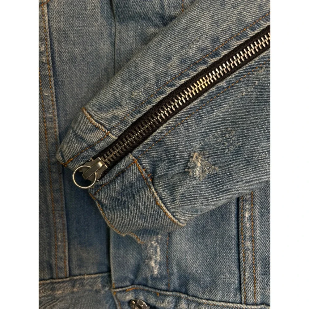 MRCLA Denim Jacket Size L Blue Distressed Zipper Sleeve Trucker Mr. Completely